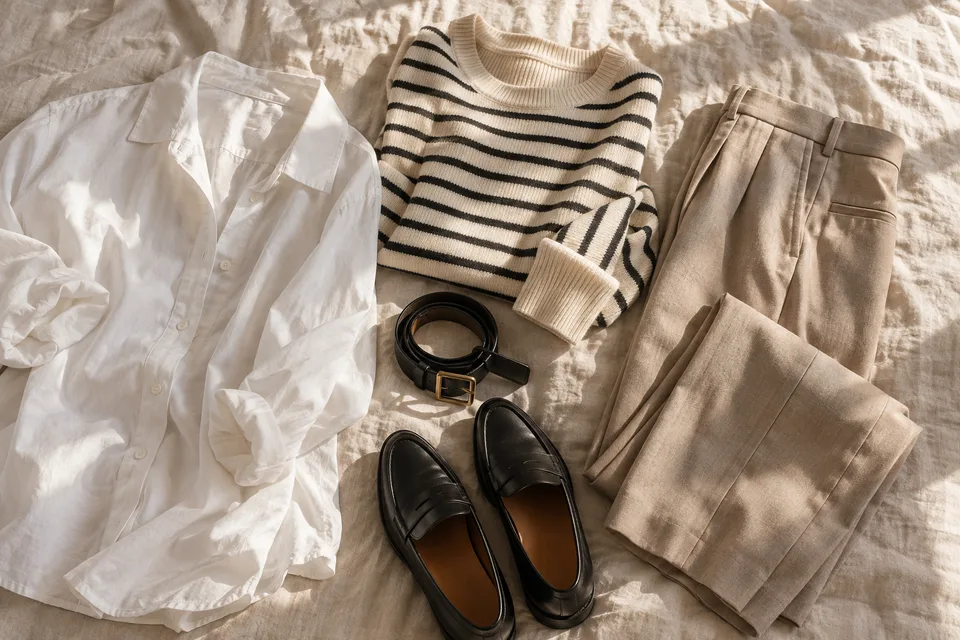 Shirts, knitwear, trousers and accessories laid out on linen