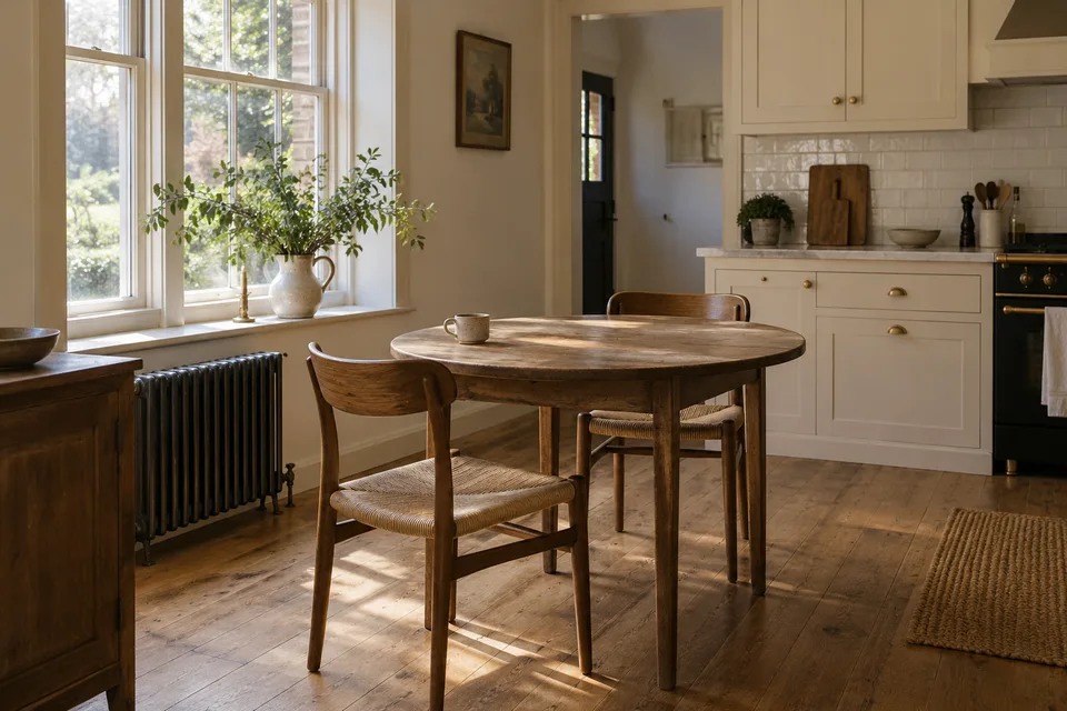 A welcoming kitchen dining nook with a round wooden table, two chairs and plants by the window