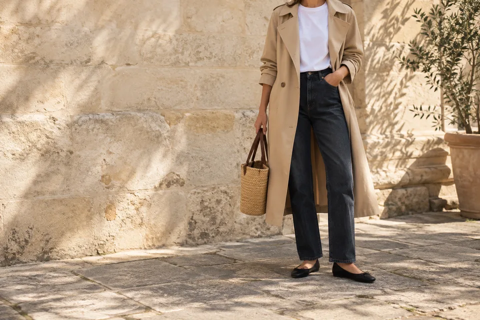 A trench coat, white tee, dark jeans and black flats in soft morning light