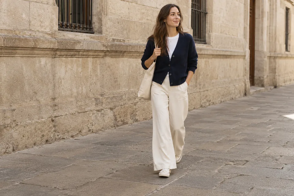 An everyday outfit with a navy cardigan, cream trousers and a canvas bag on a sunlit street