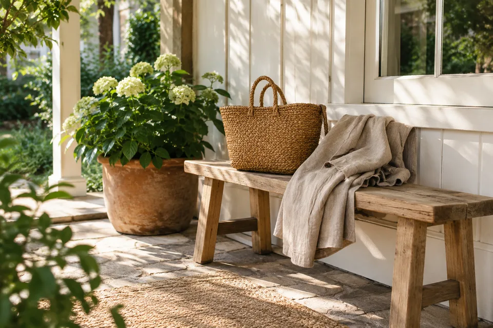 A sunny garden porch with a wooden bench, woven basket, linen jacket and green plants