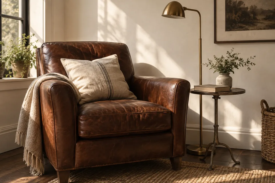 A brown leather armchair beside a small table, book and brass reading lamp