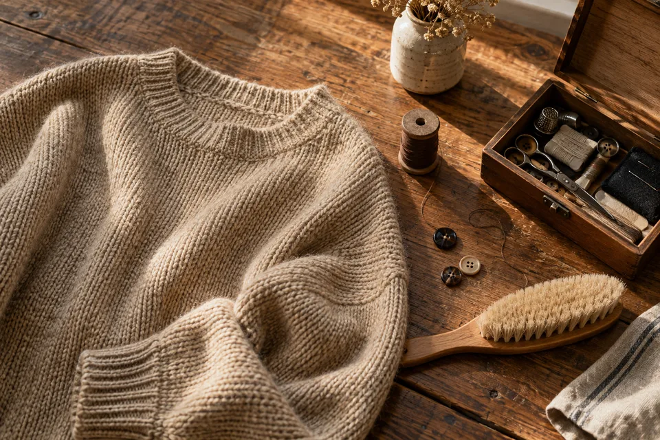 A beige knit, wooden clothes brush, thread and buttons on a sunlit wooden table