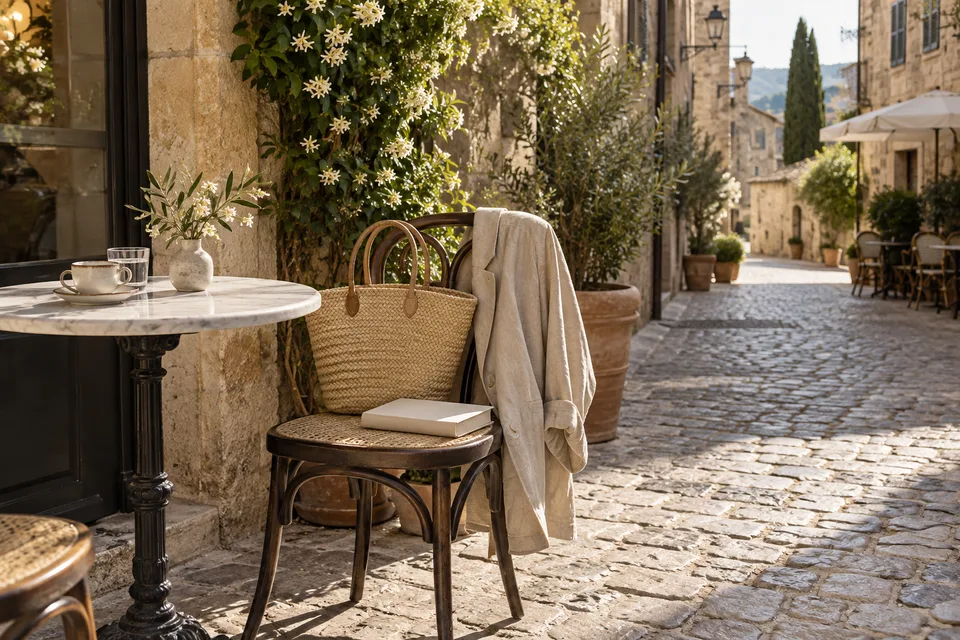 A quiet cobblestone café corner with a woven bag and book on a chair