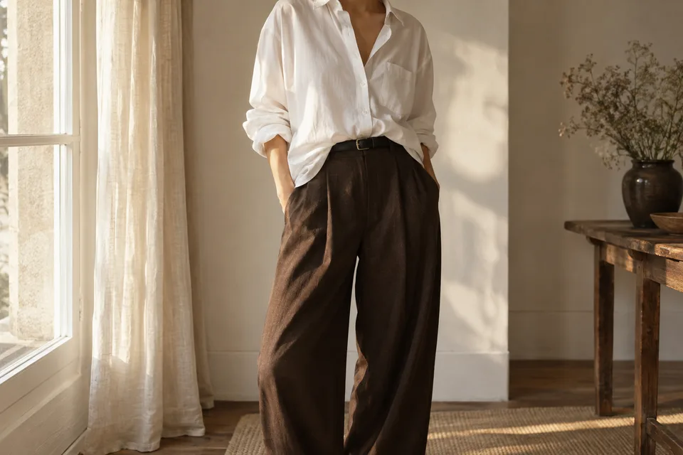 A relaxed white shirt with brown wide-leg trousers and a slim black belt beside a window